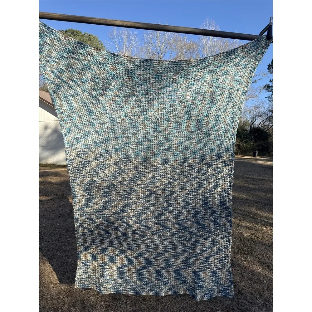 Beautiful Handmade Hand Crocheted Blue Brown And Ivory 56 X 84